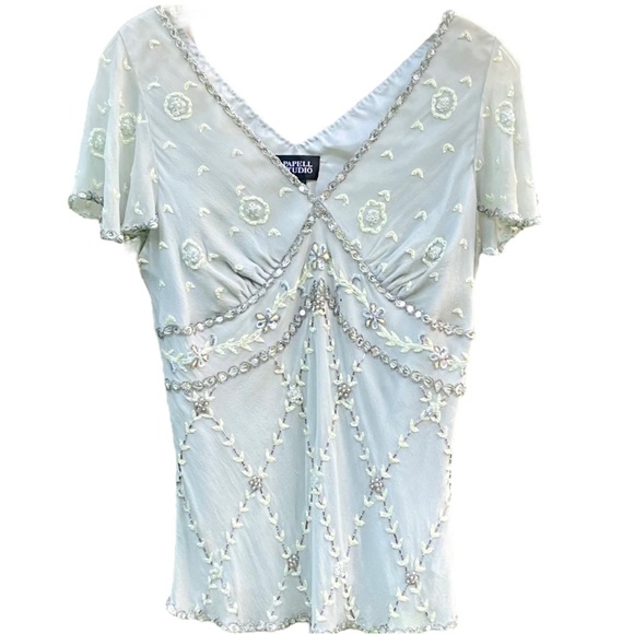 Adrianna Papell Silk Sequined Dressy Top.  Pale Green, Lined Size Large - Picture 15 of 15